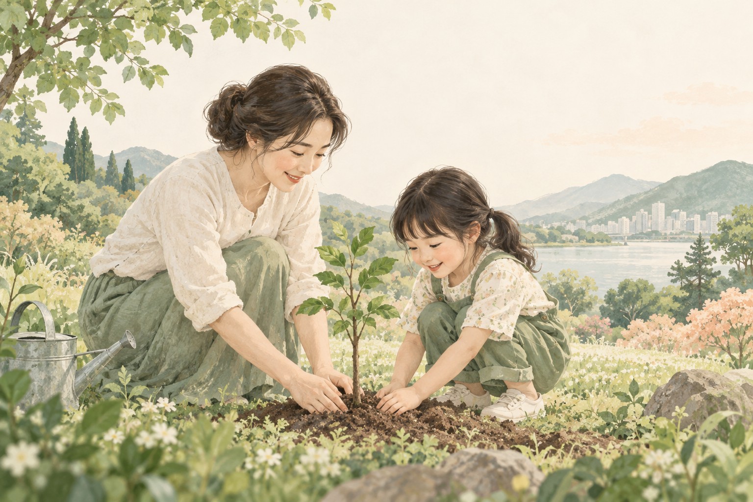 어린 나무를 함께 돌보는 부모와 아이의 일러스트